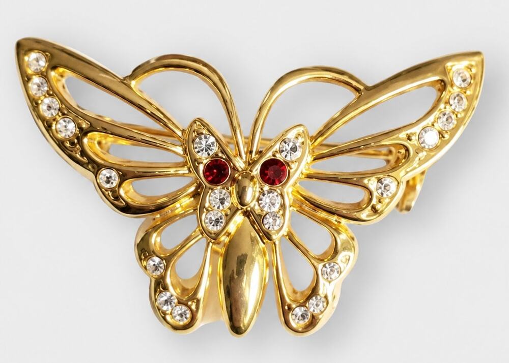 Sparkly Butterfly Brooch Pin Rhinestone & Shiny Gold-tone, Flying Insect ab1-111